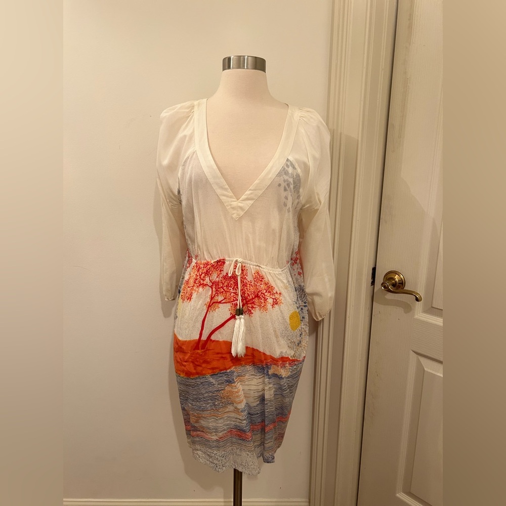 Anthropologie White and Red Sheer Landscape Mini Dress/Swim Suit Cover Up